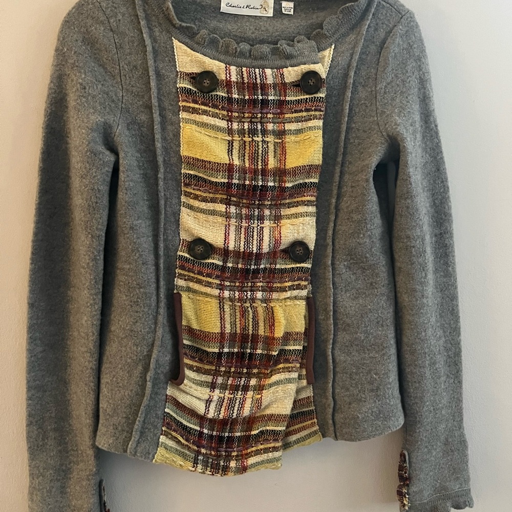 Anthropologie brand Charlie & Robin Gray wool cardigan with Plaid Accents size m